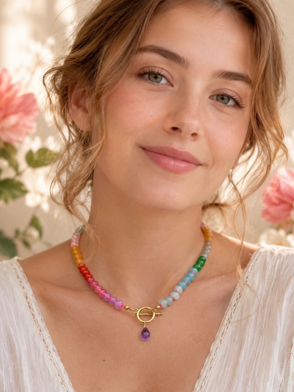New Rainbow Gem Agate Amethyst Pendant Yellow Gold Plated | February birthstone